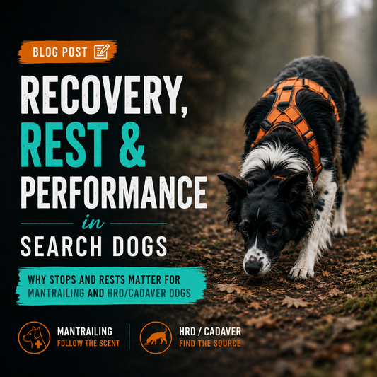 Search dog working in a woodland environment featured in a blog post about recovery, rests, and performance in Mantrailing and HRD/Cadaver dogs